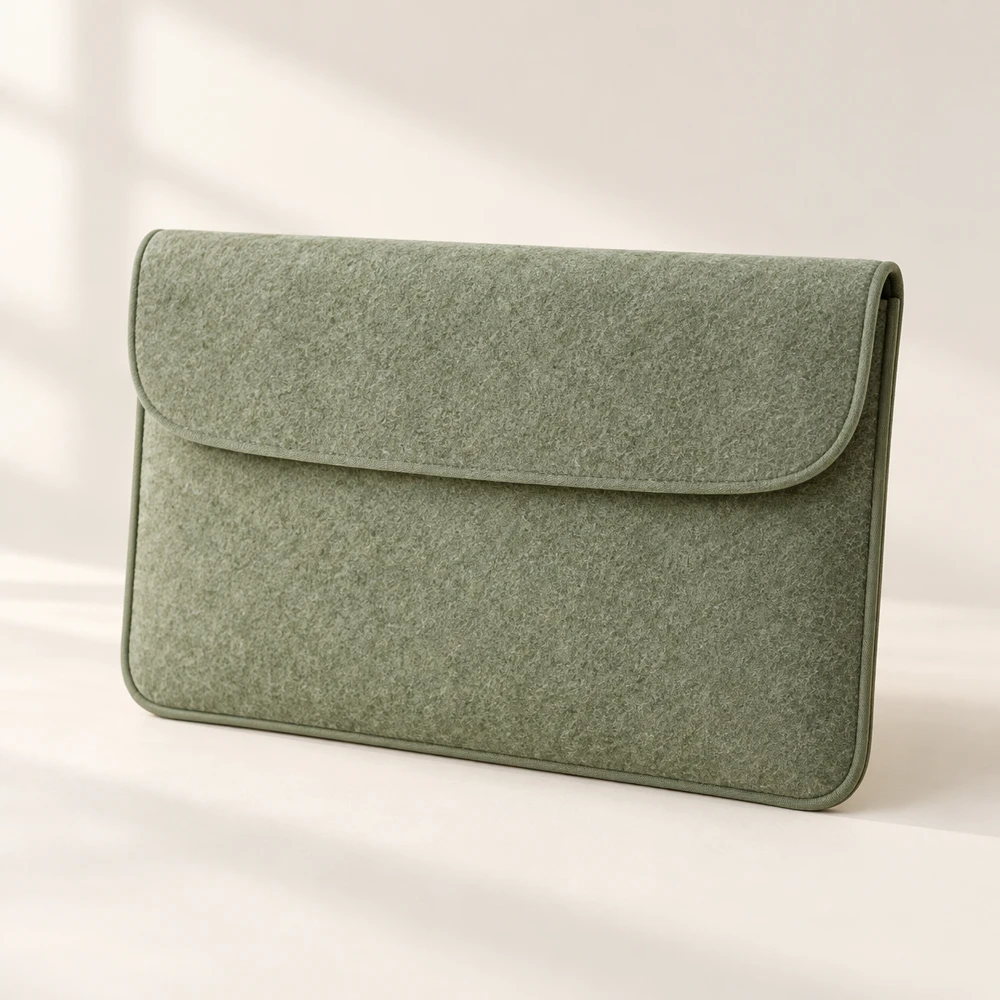 Contour Sage curved flap · hidden snap closure · bound edges felt laptop sleeve