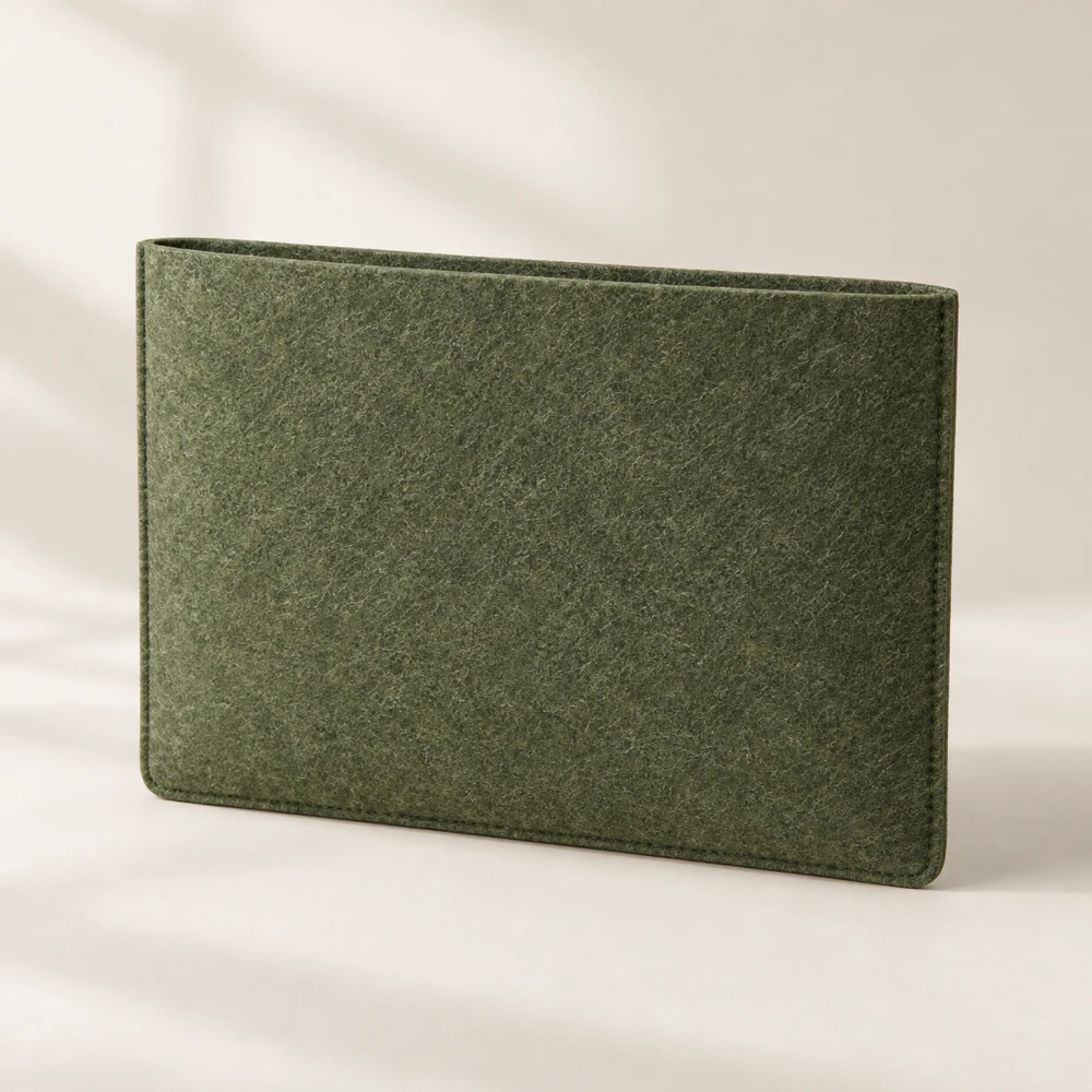 Essential Moss felt sleeve, Open top · Unlined · Matching stitched seams