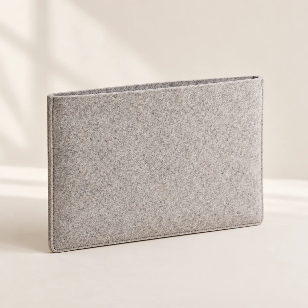 Essential Pebble open top · unlined · matching stitched seams felt laptop sleeve