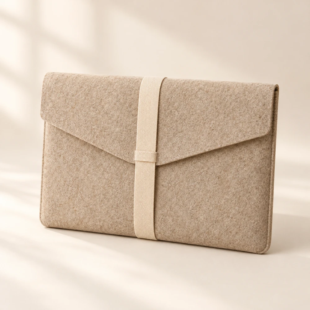 Fold Dune envelope flap · cotton tuck strap · unlined felt laptop sleeve