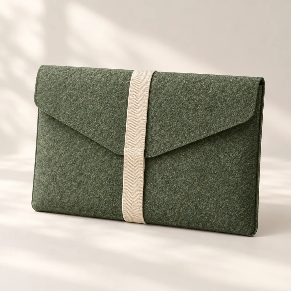 Fold Fern envelope flap · cotton tuck strap · unlined felt laptop sleeve