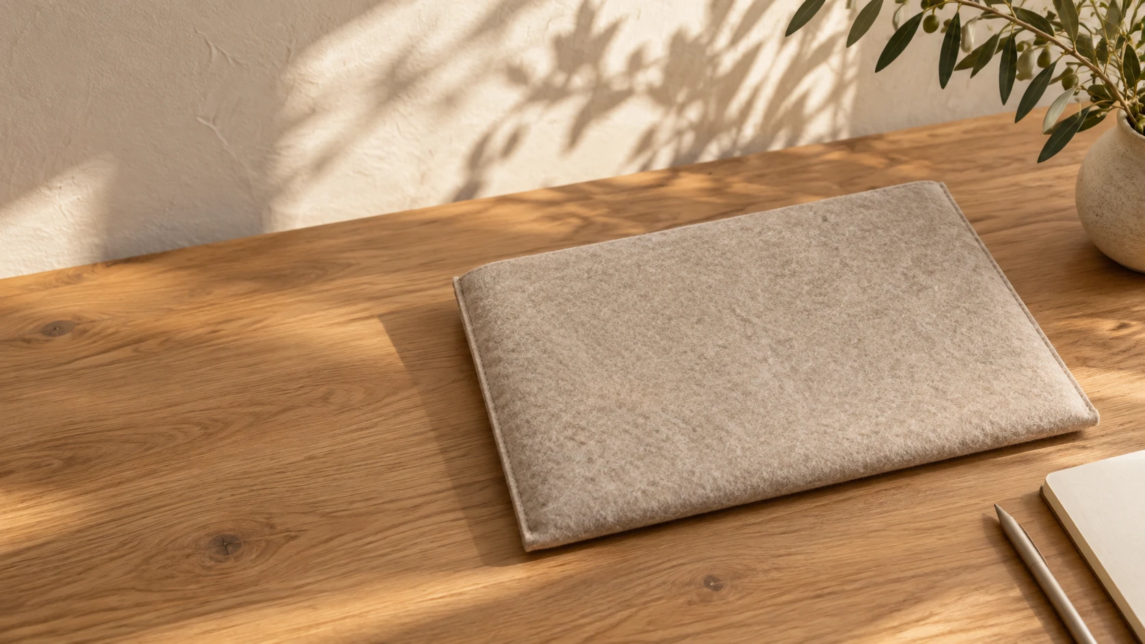 Felt sleeve in a calm, naturally lit workspace