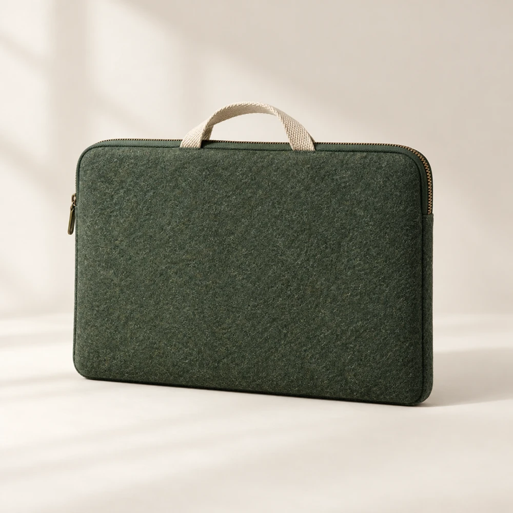 Journey Pine three-sided zipper · document divider · woven handle felt laptop sleeve