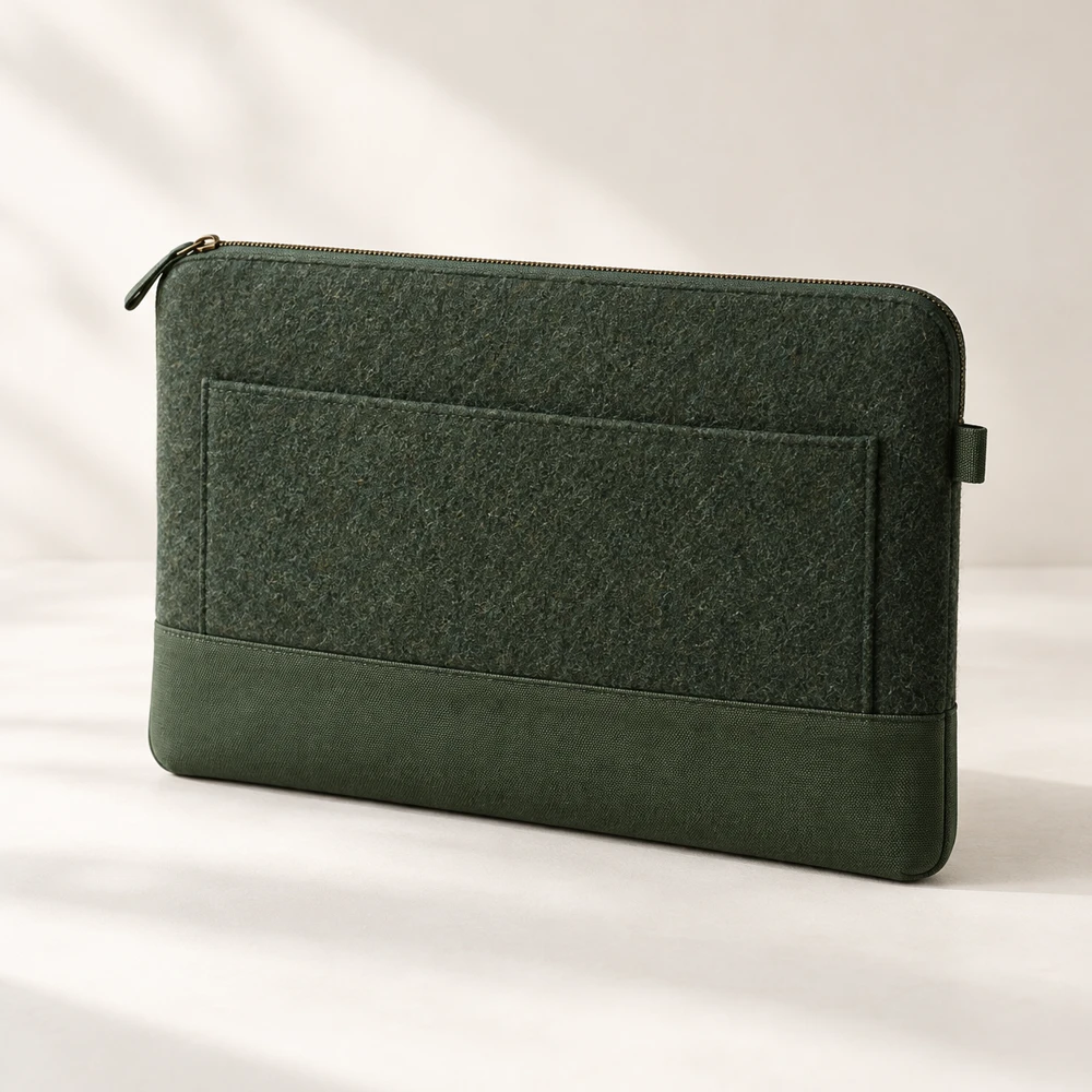 Studio Forest top zipper · canvas base · external pocket · carry loop felt laptop sleeve