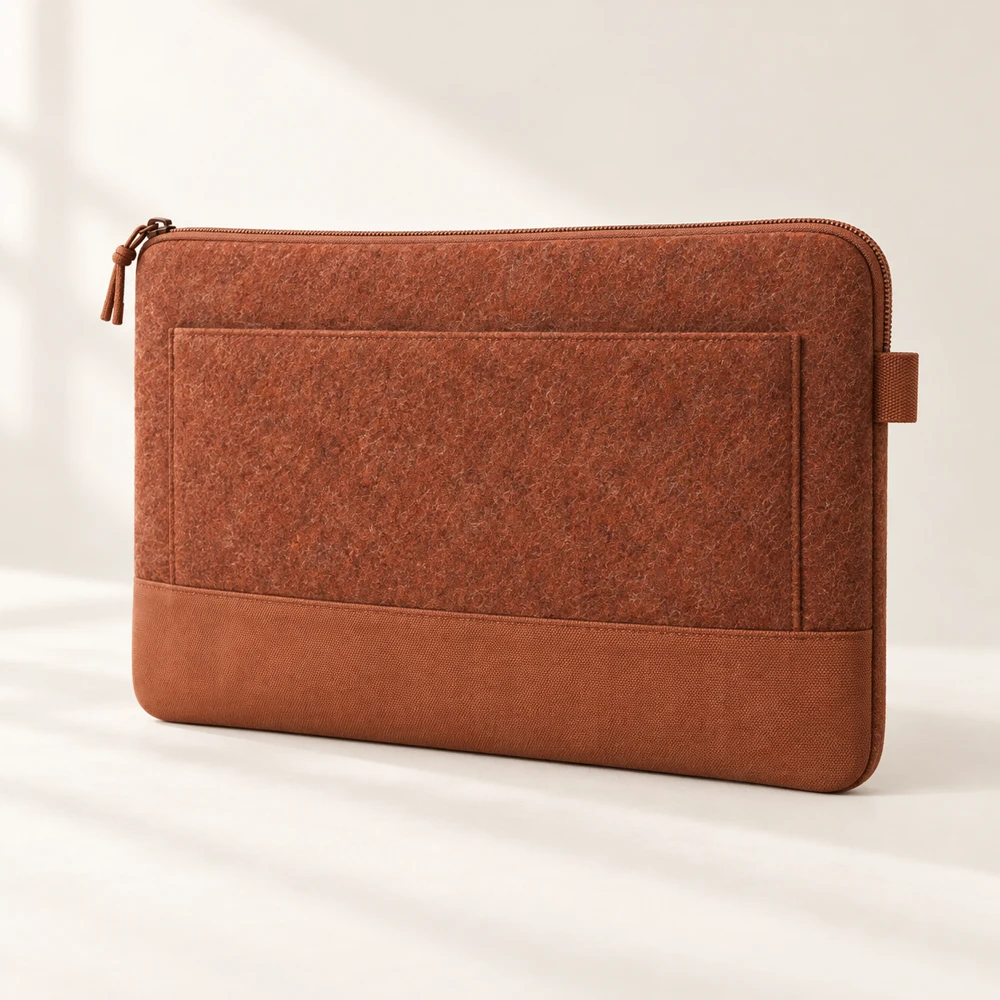 Studio Terracotta top zipper · canvas base · external pocket · carry loop felt laptop sleeve